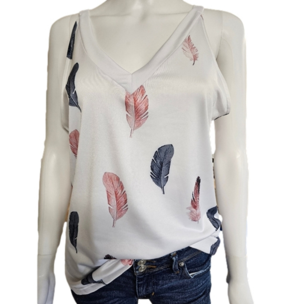 Exclusive V-Neck Feather Print Tank Top Size M